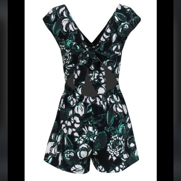 Club Monaco - Black, Green & White Floral Print Sleeveless Romper W/ Back Cutout - Picture 5 of 7